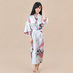 La boutique du peignoir Peignoir Kimono Femme - Long en Satin à Paons, Ivoire