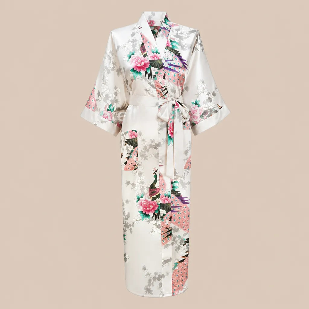 La boutique du peignoir Peignoir Kimono Femme - Long en Satin à Paons, Ivoire