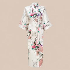 La boutique du peignoir Peignoir Kimono Femme - Long en Satin à Paons, Ivoire