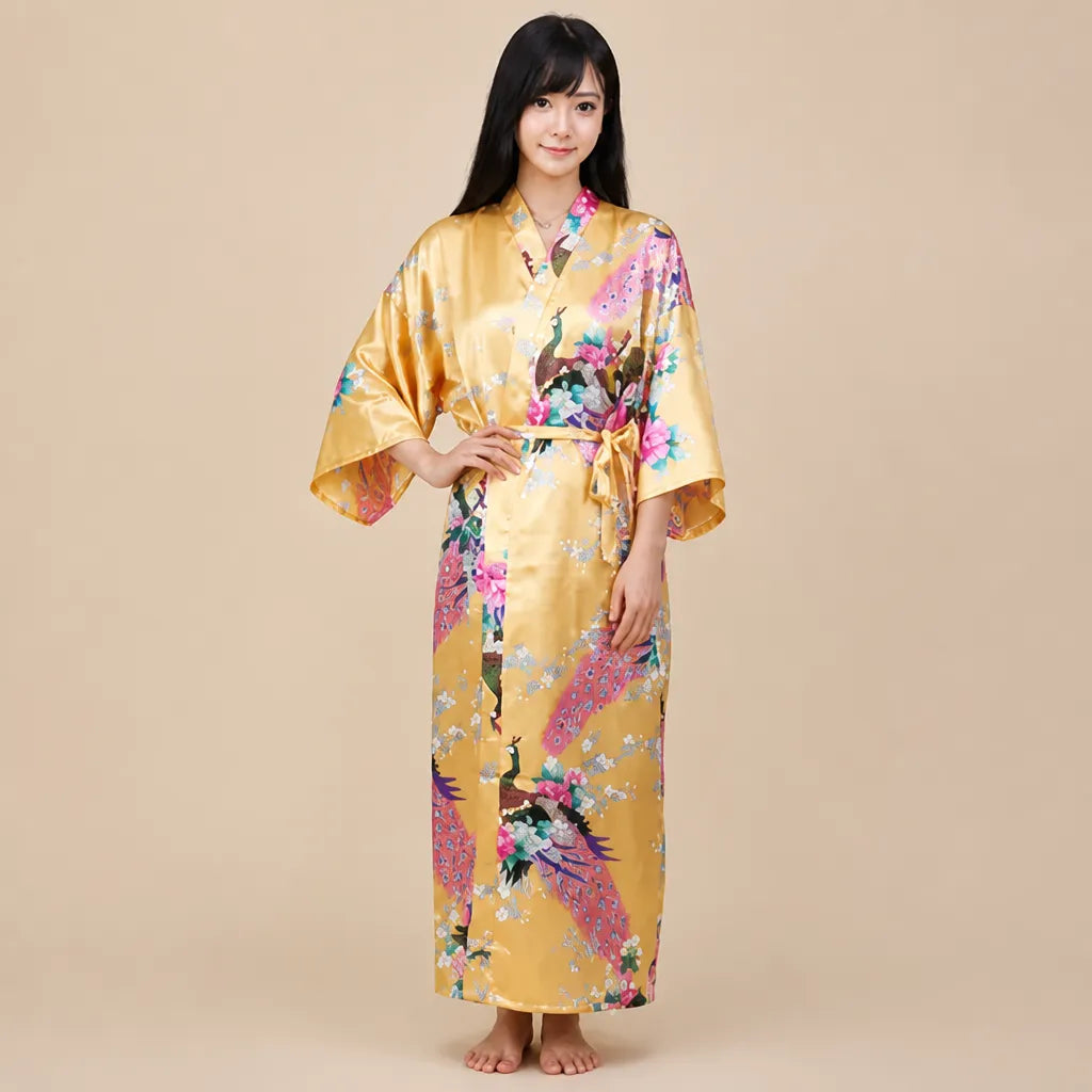 La boutique du peignoir Peignoir Kimono Femme - Long en Satin à Paons, Jaune