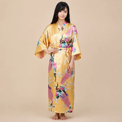 La boutique du peignoir Peignoir Kimono Femme - Long en Satin à Paons, Jaune