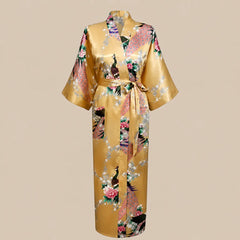 La boutique du peignoir Peignoir Kimono Femme - Long en Satin à Paons, Jaune