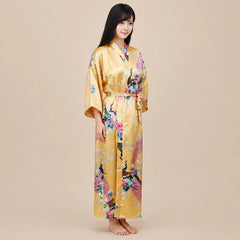 La boutique du peignoir Peignoir Kimono Femme - Long en Satin à Paons, Jaune