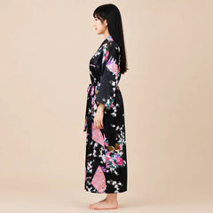 La boutique du peignoir Peignoir Kimono Femme - Long en Satin à Paons, Noir