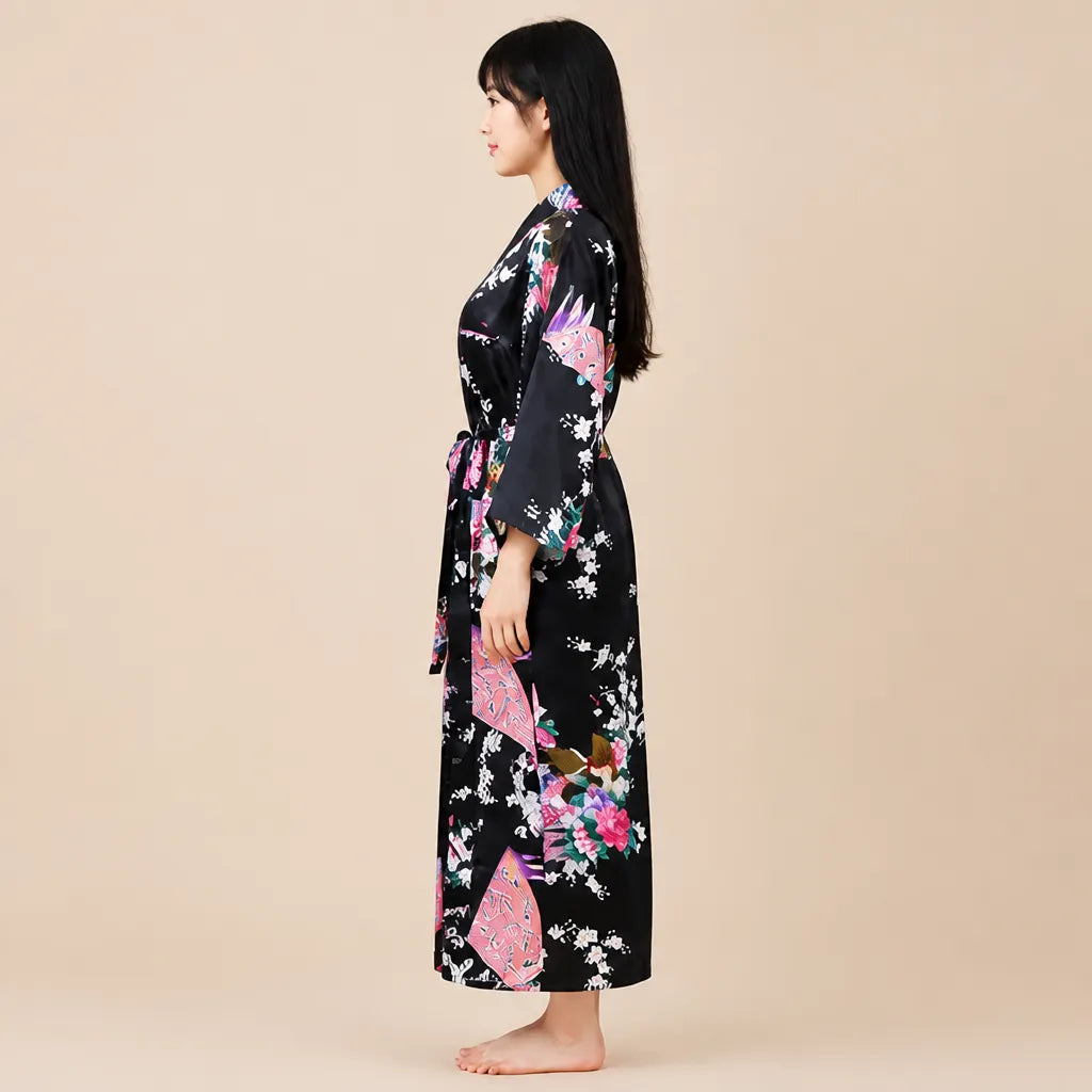 La boutique du peignoir Peignoir Kimono Femme - Long en Satin à Paons, Noir