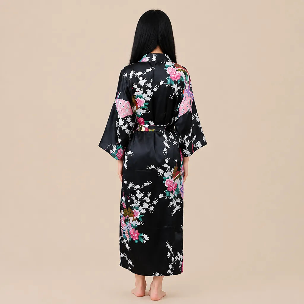 La boutique du peignoir Peignoir Kimono Femme - Long en Satin à Paons, Noir