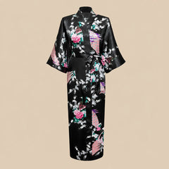 La boutique du peignoir Peignoir Kimono Femme - Long en Satin à Paons, Noir