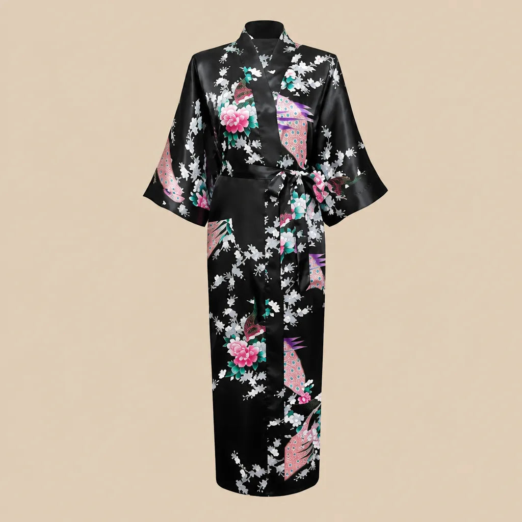 La boutique du peignoir Peignoir Kimono Femme - Long en Satin à Paons, Noir