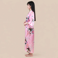 La boutique du peignoir Peignoir Kimono Femme - Long en Satin à Paons, Rose Poudré