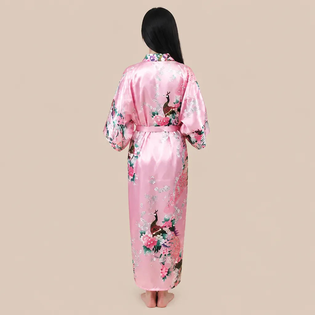 La boutique du peignoir Peignoir Kimono Femme - Long en Satin à Paons, Rose Poudré