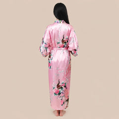 La boutique du peignoir Peignoir Kimono Femme - Long en Satin à Paons, Rose Poudré