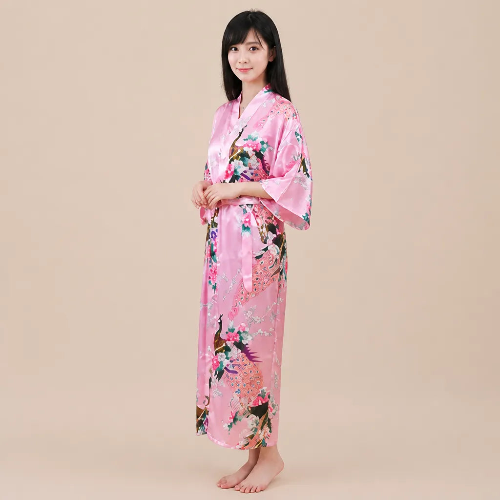 La boutique du peignoir Peignoir Kimono Femme - Long en Satin à Paons, Rose Poudré