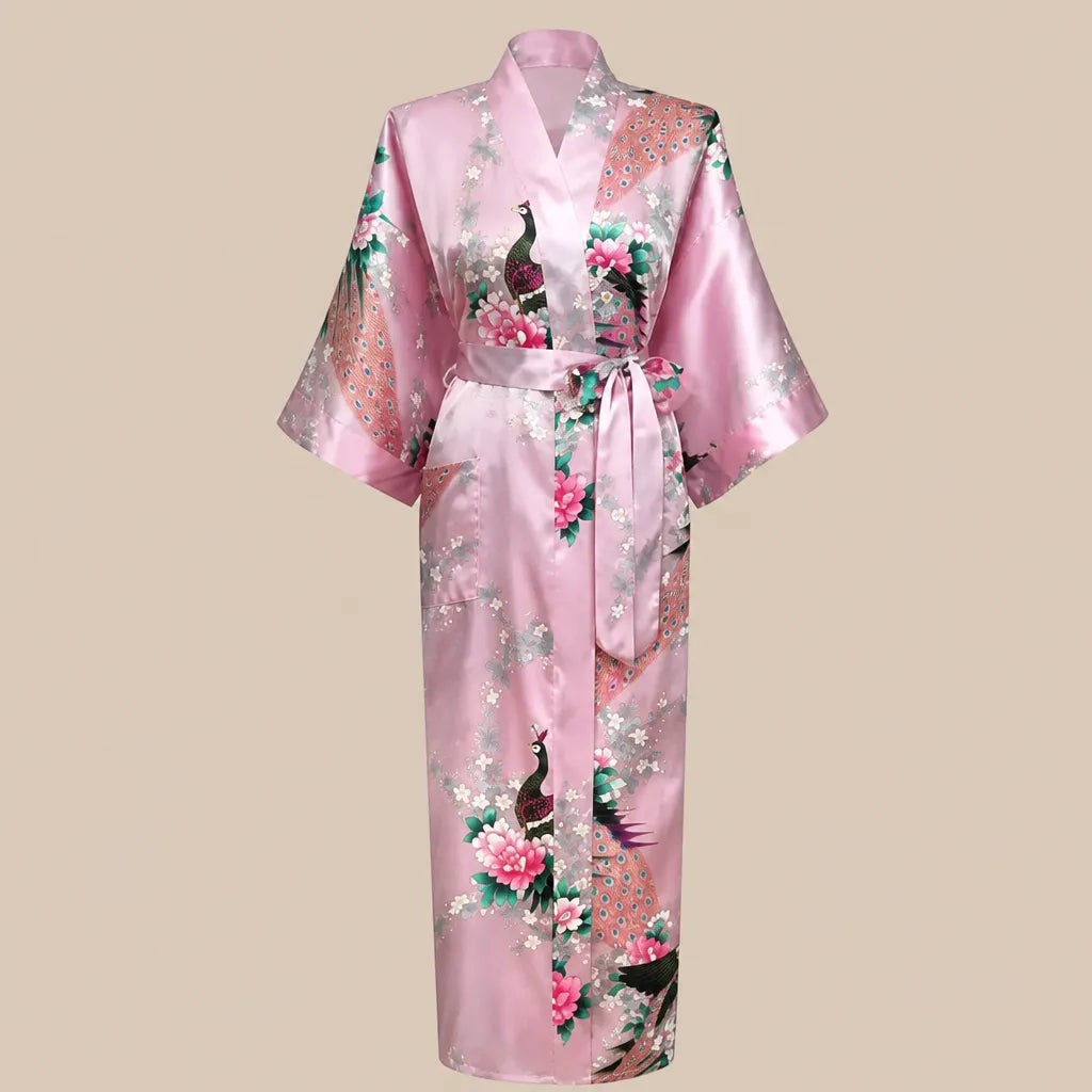 La boutique du peignoir Peignoir Kimono Femme - Long en Satin à Paons, Rose Poudré
