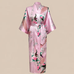 La boutique du peignoir Peignoir Kimono Femme - Long en Satin à Paons, Rose Poudré
