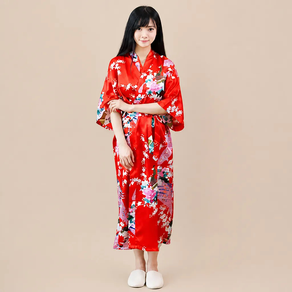 La boutique du peignoir Peignoir Kimono Femme - Long en Satin à Paons, Rouge