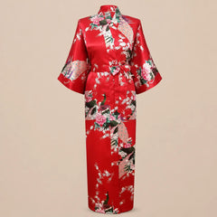 La boutique du peignoir Peignoir Kimono Femme - Long en Satin à Paons, Rouge