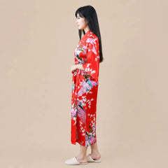 La boutique du peignoir Peignoir Kimono Femme - Long en Satin à Paons, Rouge
