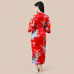 La boutique du peignoir Peignoir Kimono Femme - Long en Satin à Paons, Rouge