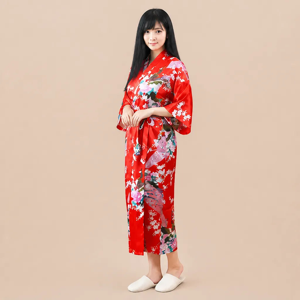 La boutique du peignoir Peignoir Kimono Femme - Long en Satin à Paons, Rouge