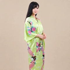 La boutique du peignoir Peignoir Kimono Femme - Long en Satin à Paons, Vert Anis