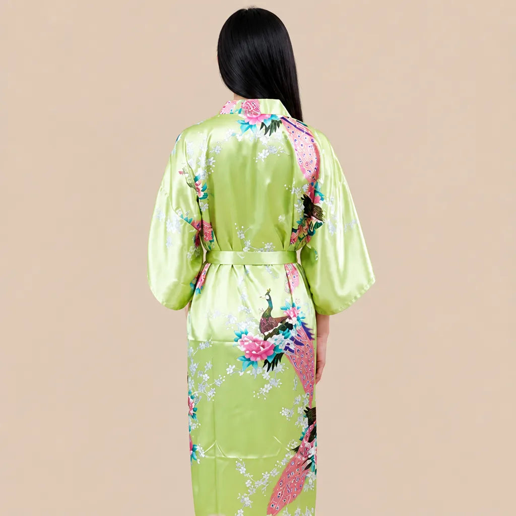 La boutique du peignoir Peignoir Kimono Femme - Long en Satin à Paons, Vert Anis