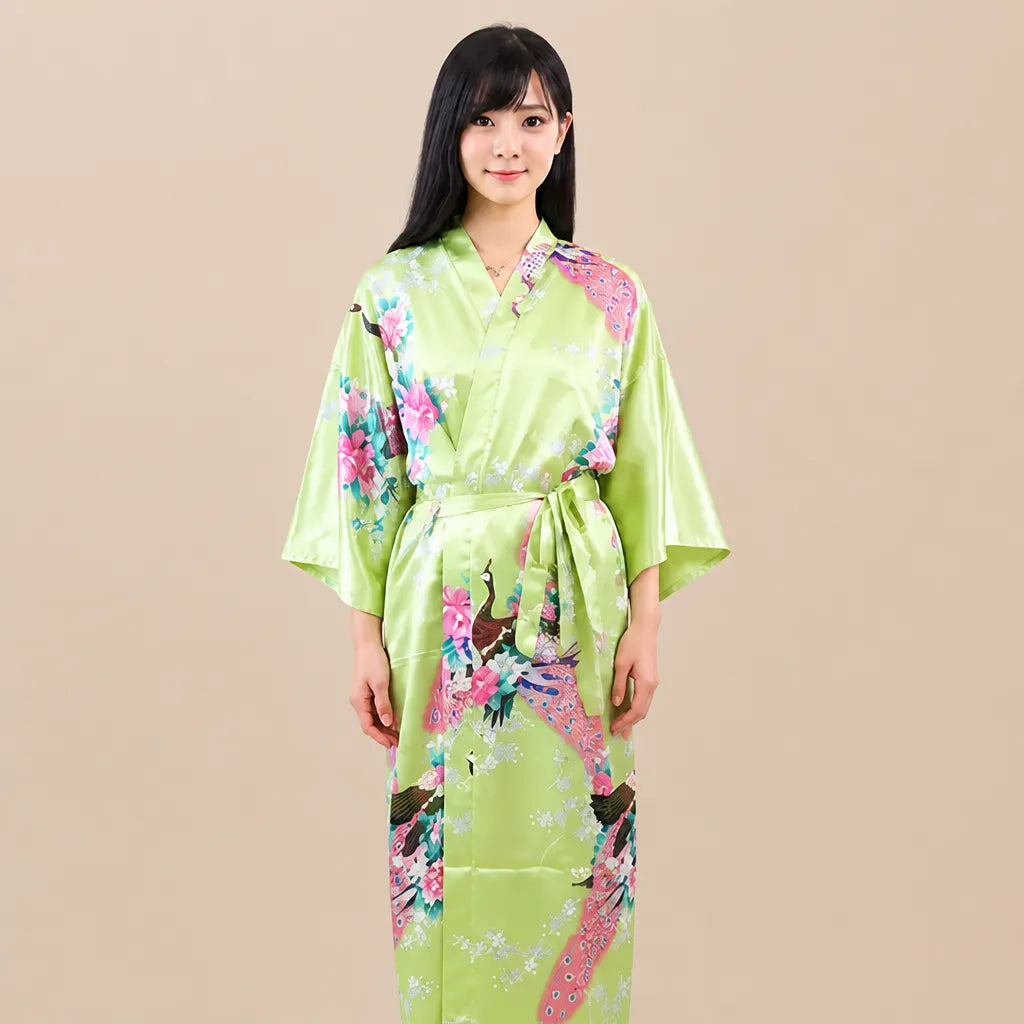 La boutique du peignoir Peignoir Kimono Femme - Long en Satin à Paons, Vert Anis