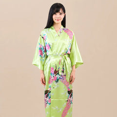La boutique du peignoir Peignoir Kimono Femme - Long en Satin à Paons, Vert Anis
