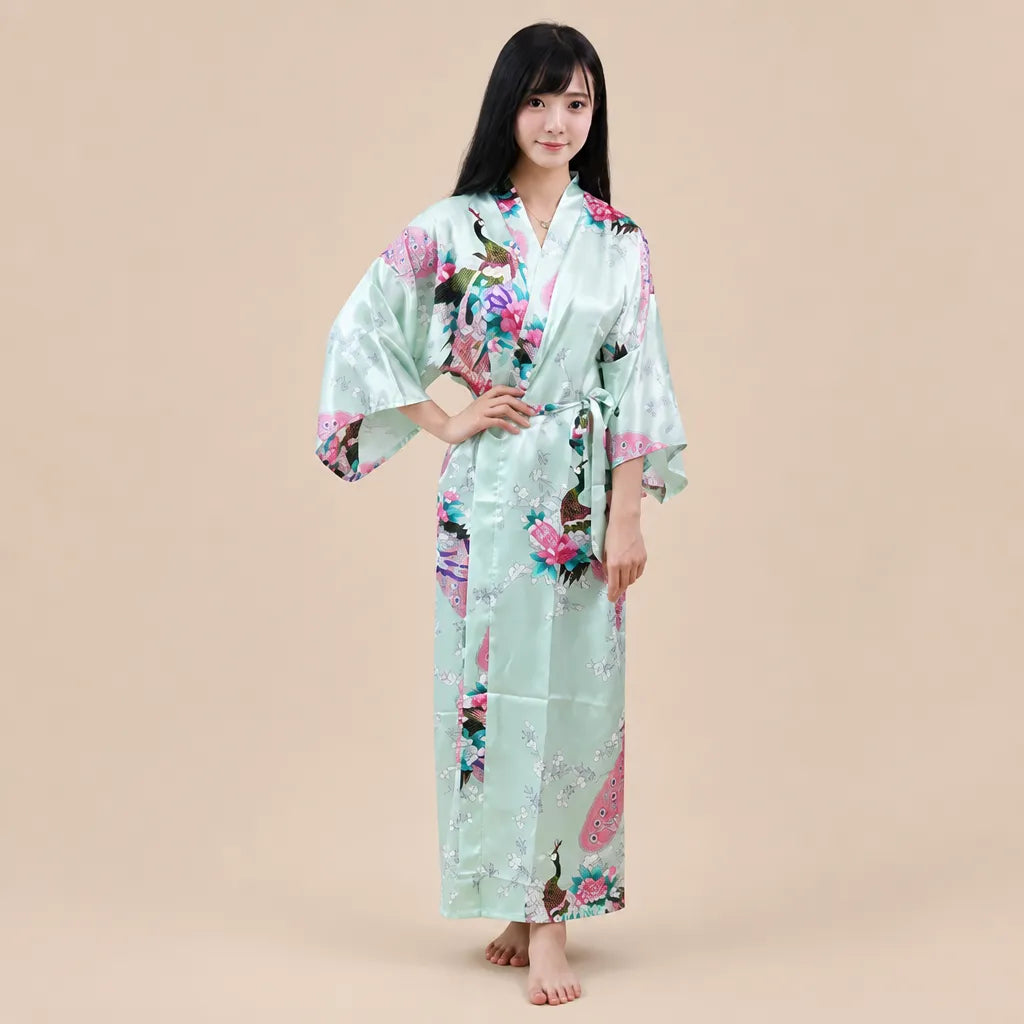 La boutique du peignoir Peignoir Kimono Femme - Long en Satin à Paons, Vert Clair
