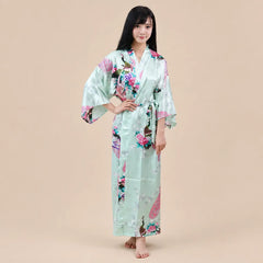 La boutique du peignoir Peignoir Kimono Femme - Long en Satin à Paons, Vert Clair