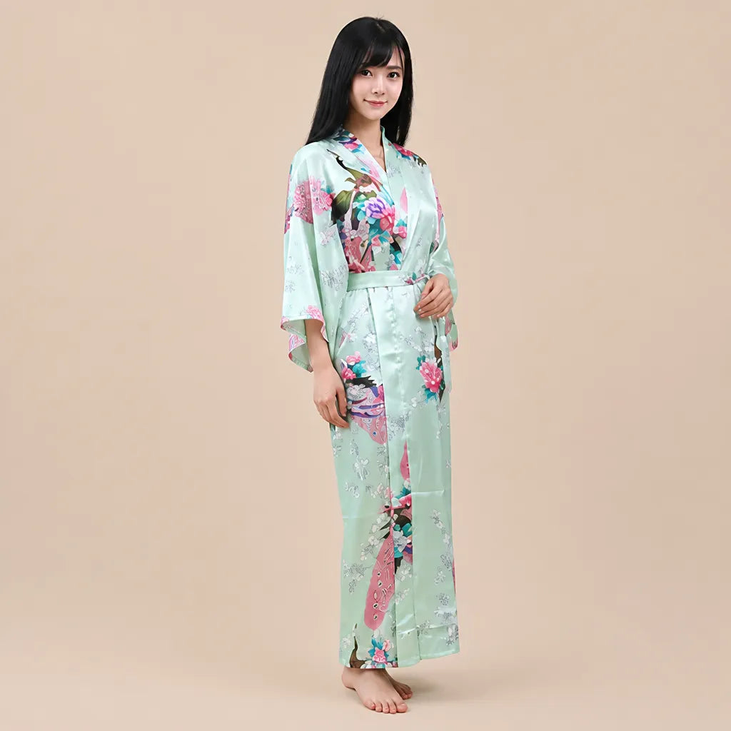 La boutique du peignoir Peignoir Kimono Femme - Long en Satin à Paons, Vert Clair