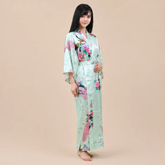 La boutique du peignoir Peignoir Kimono Femme - Long en Satin à Paons, Vert Clair