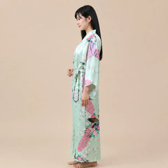 La boutique du peignoir Peignoir Kimono Femme - Long en Satin à Paons, Vert Clair