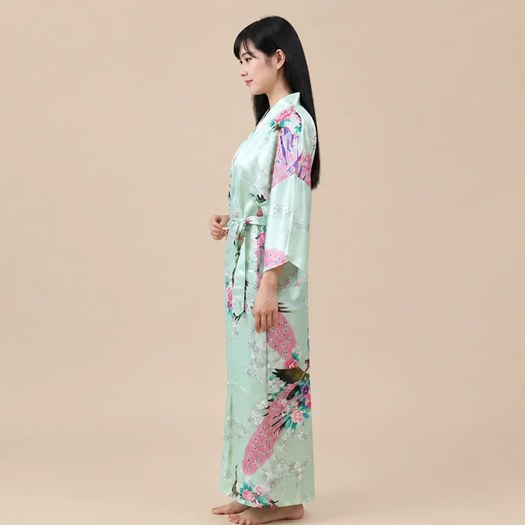 La boutique du peignoir Peignoir Kimono Femme - Long en Satin à Paons, Vert Clair