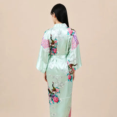 La boutique du peignoir Peignoir Kimono Femme - Long en Satin à Paons, Vert Clair