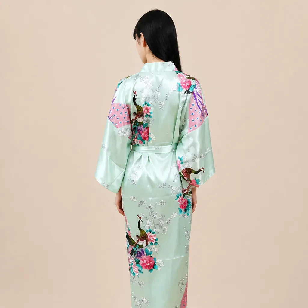 La boutique du peignoir Peignoir Kimono Femme - Long en Satin à Paons, Vert Clair