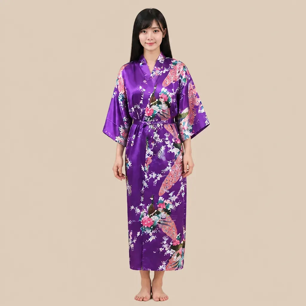 La boutique du peignoir Peignoir Kimono Femme - Long en Satin à Paons, Violet