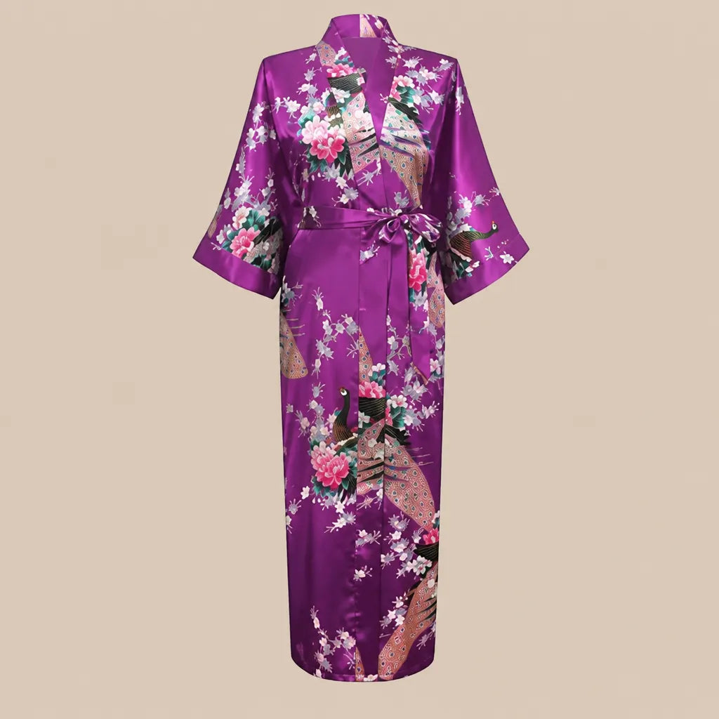 La boutique du peignoir Peignoir Kimono Femme - Long en Satin à Paons, Violet