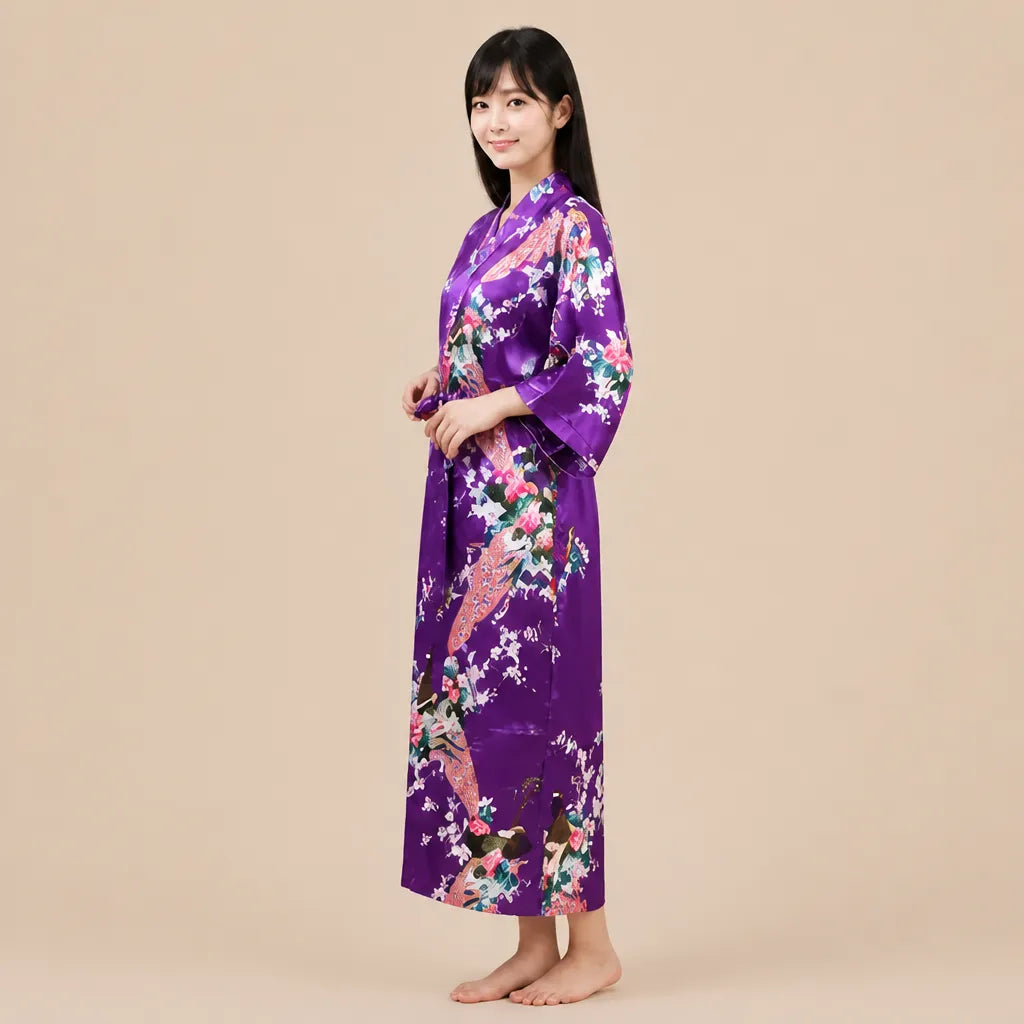 La boutique du peignoir Peignoir Kimono Femme - Long en Satin à Paons, Violet