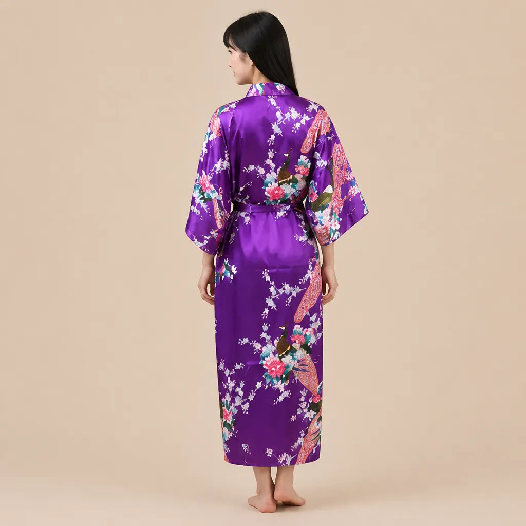 La boutique du peignoir Peignoir Kimono Femme - Long en Satin à Paons, Violet