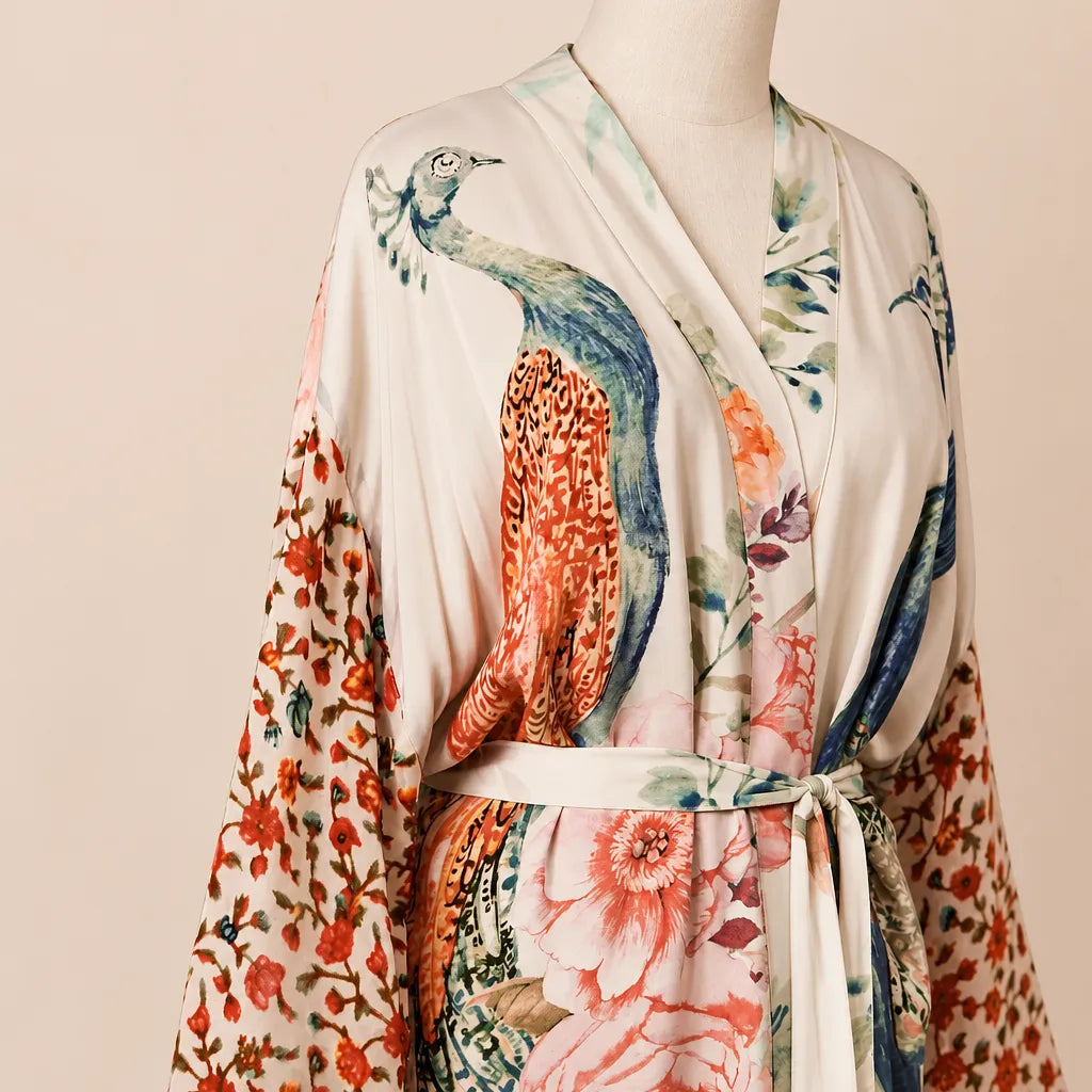 La boutique du peignoir Peignoir Kimono Femme - Voile de Plage à Paon, Écru Rosé