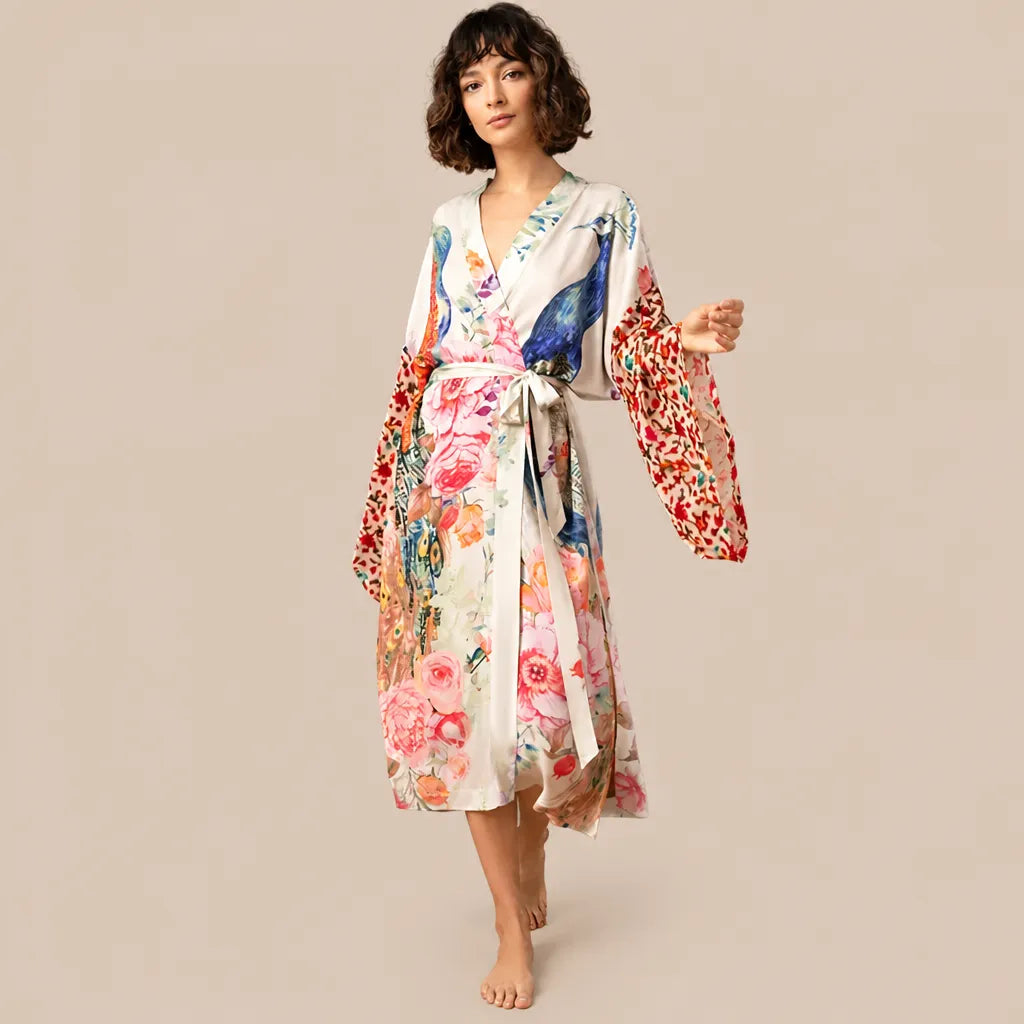 La boutique du peignoir Peignoir Kimono Femme - Voile de Plage à Paon, Écru Rosé