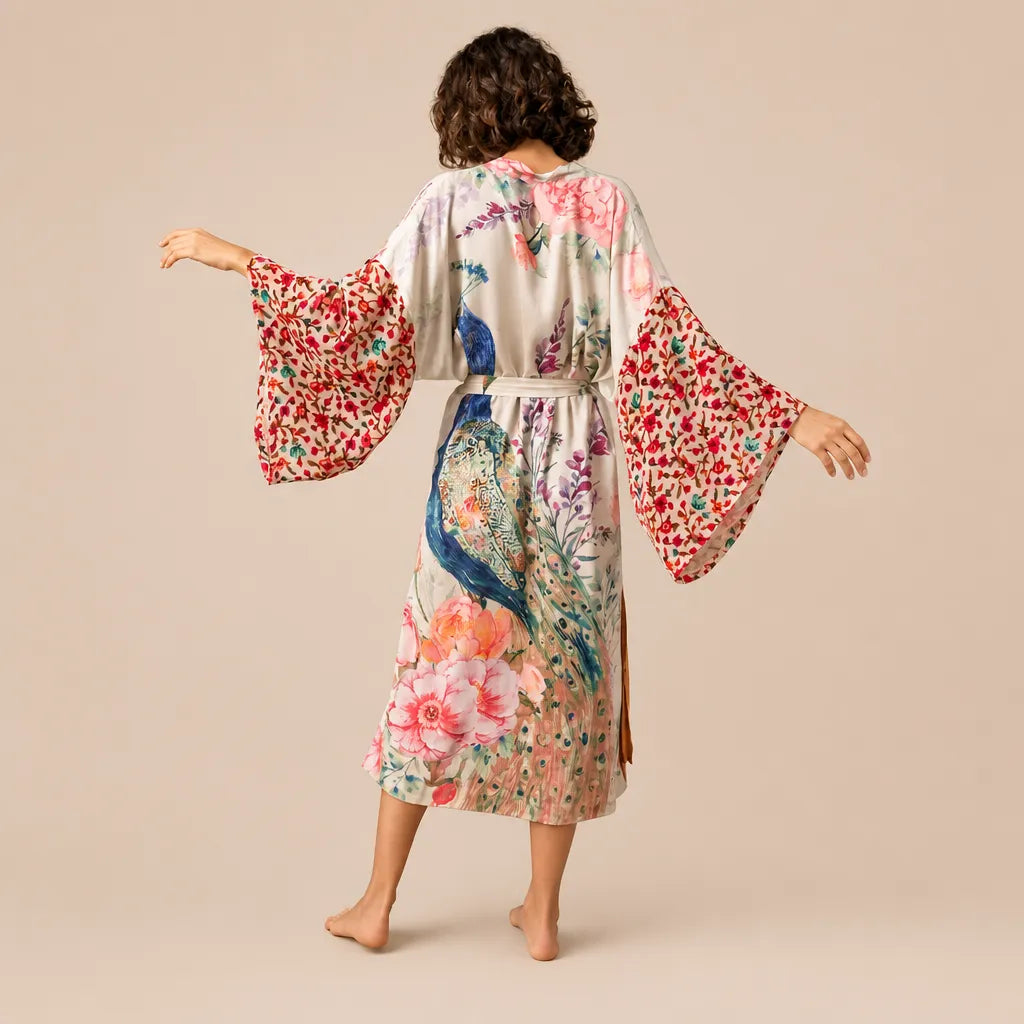 La boutique du peignoir Peignoir Kimono Femme - Voile de Plage à Paon, Écru Rosé