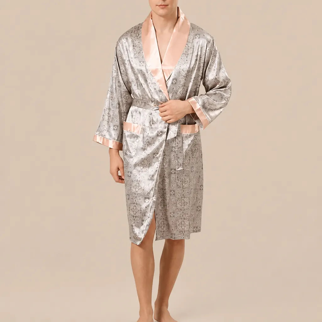 La boutique du peignoir Peignoir Kimono Homme - en Satin, Argent à Motif Cachemire