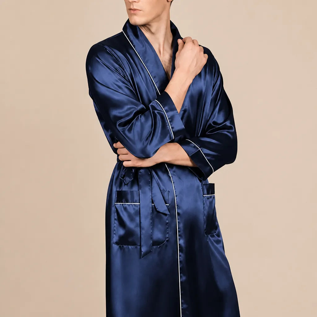 La boutique du peignoir Peignoir Kimono Homme - en Satin, Bleu Marine à Liseré