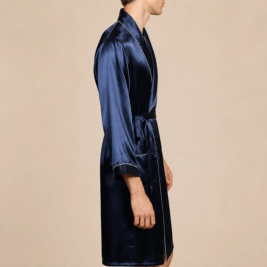 La boutique du peignoir Peignoir Kimono Homme - en Satin, Bleu Marine à Liseré