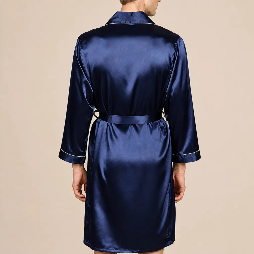 La boutique du peignoir Peignoir Kimono Homme - en Satin, Bleu Marine à Liseré