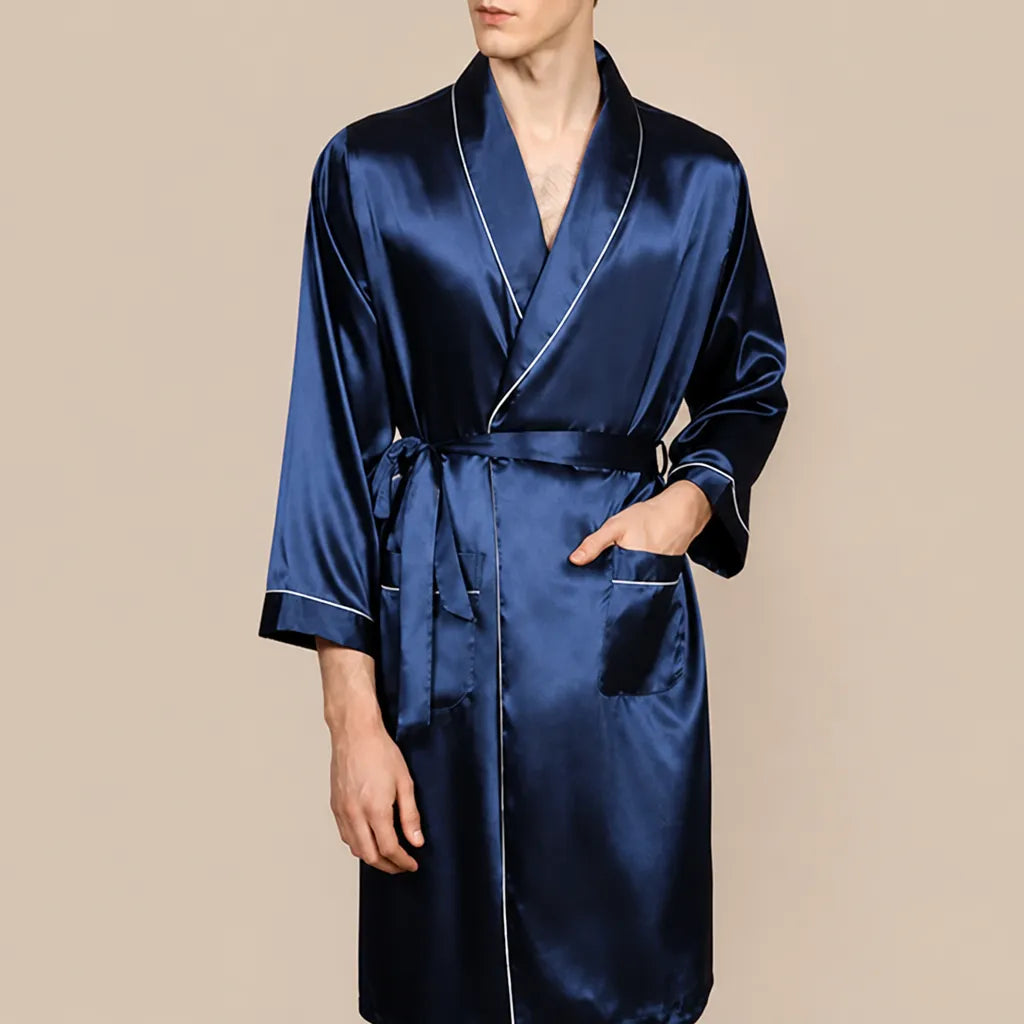 La boutique du peignoir Peignoir Kimono Homme - en Satin, Bleu Marine à Liseré