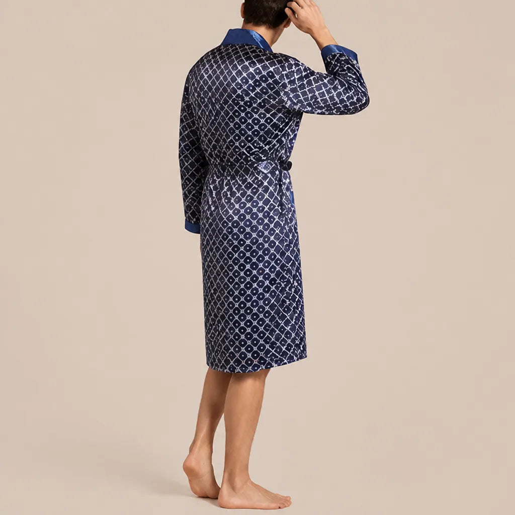 La boutique du peignoir Peignoir Kimono Homme - en Satin, Bleu Marine à Losanges