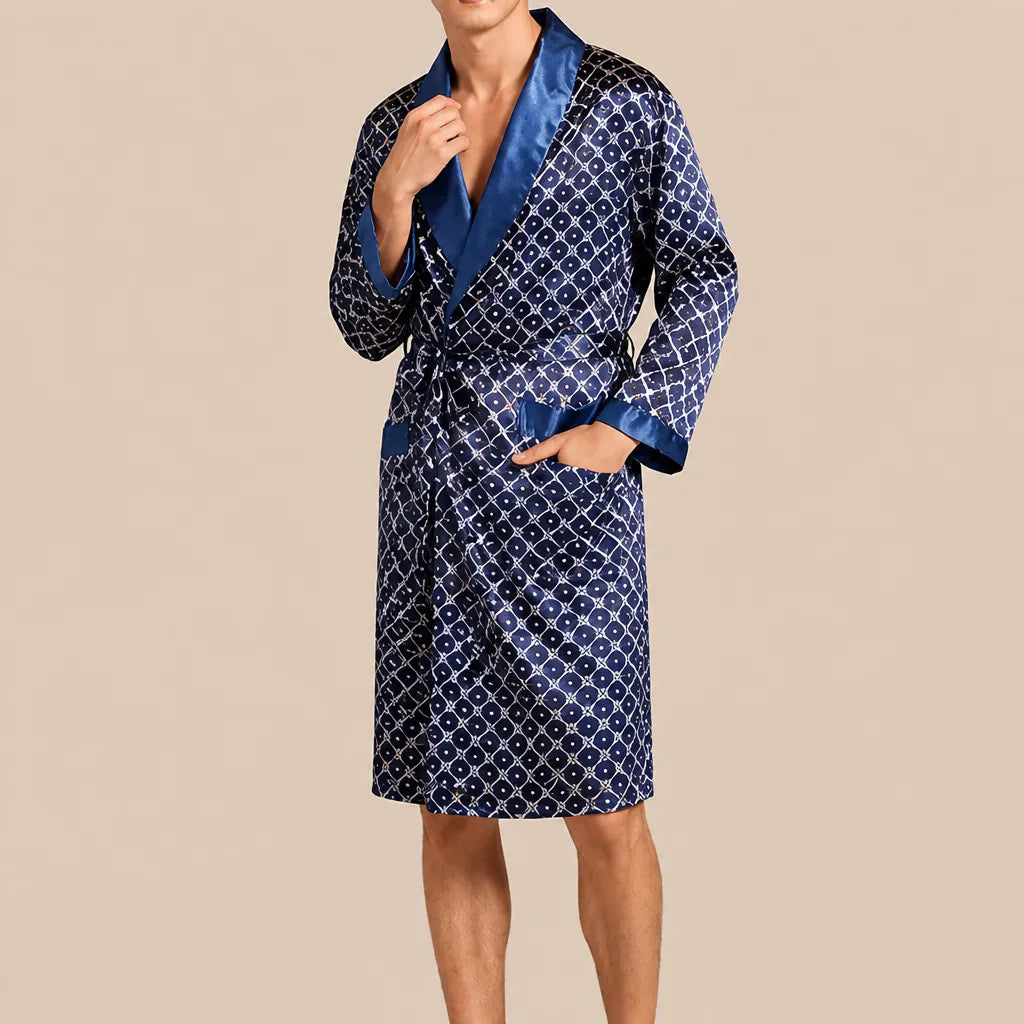 La boutique du peignoir Peignoir Kimono Homme - en Satin, Bleu Marine à Losanges