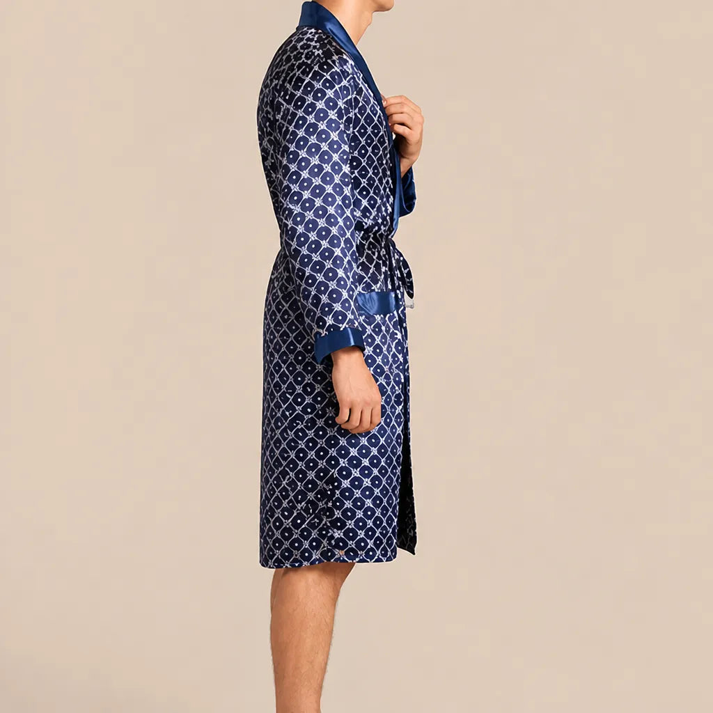 La boutique du peignoir Peignoir Kimono Homme - en Satin, Bleu Marine à Losanges